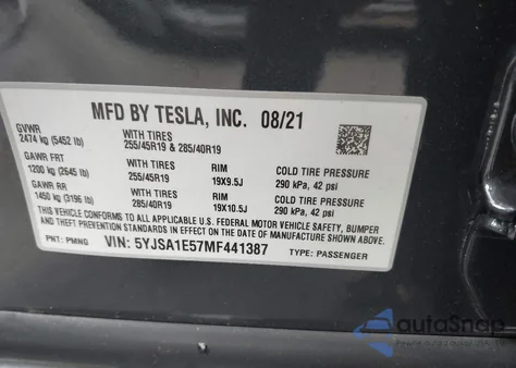 2021 Tesla Model S Long Range Dual Motor All-Wheel Drive z USA, uszkodzony, nr VIN 5YJSA1E57MF441387
